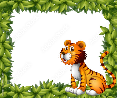 A tiger sitting in a leafy frame