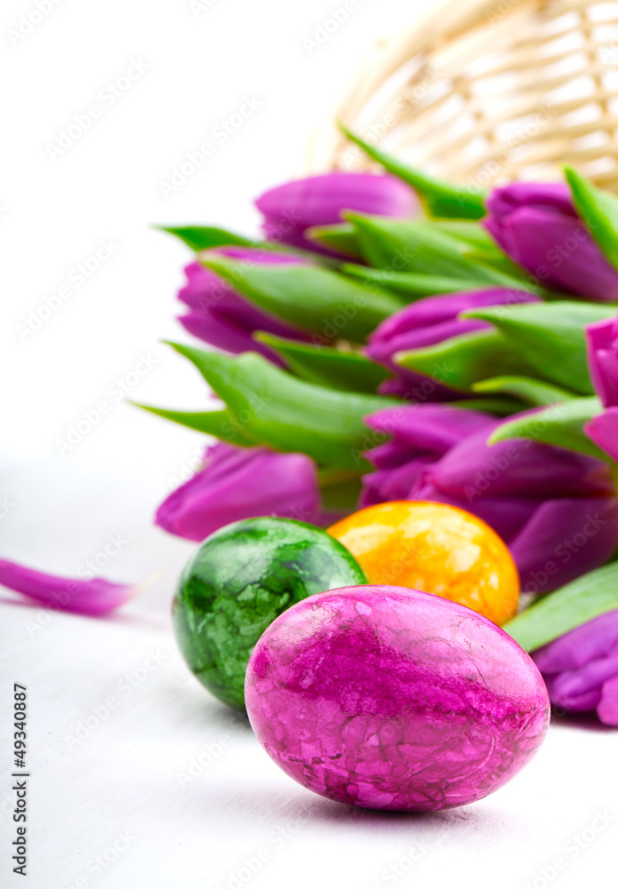 Easter eggs and flower tulips Easter eggs and flower tulips