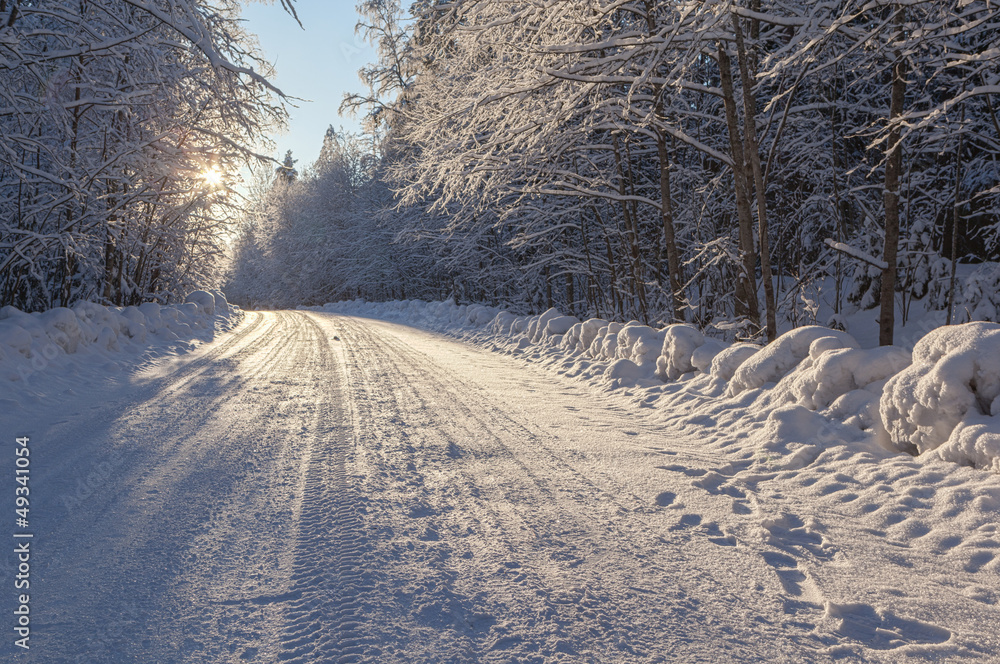 Obraz premium Winter snow road to wood in a sunny day