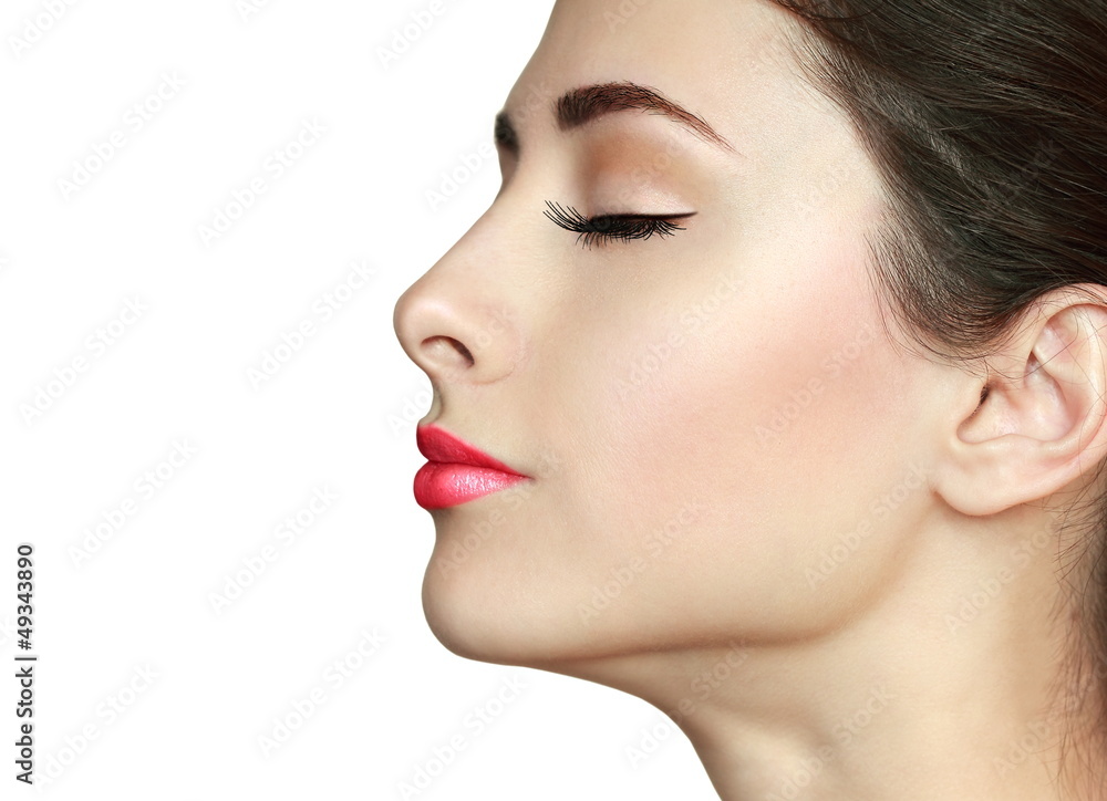 Perfect makeup. Beauty girl face profile isolated on white backg Perfect makeup. Beauty girl face profile isolated on white backg