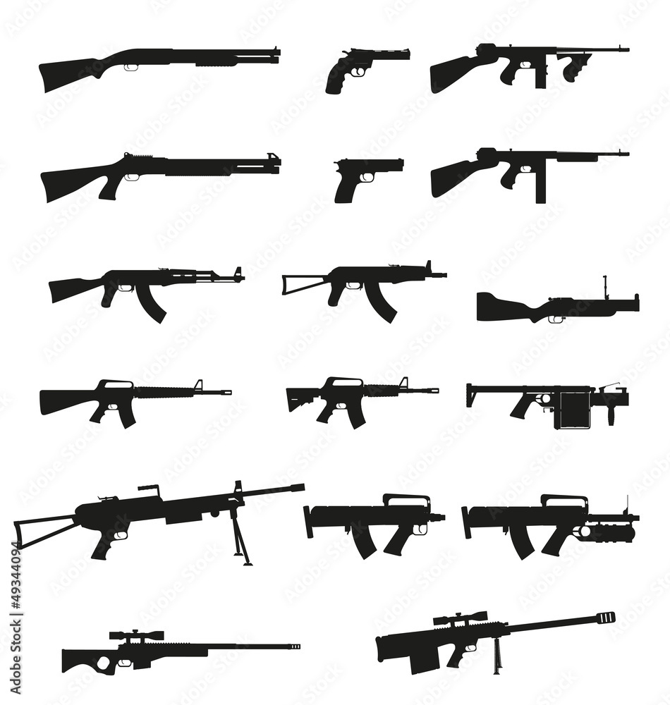weapon and gun set collection icons black silhouette vector illu