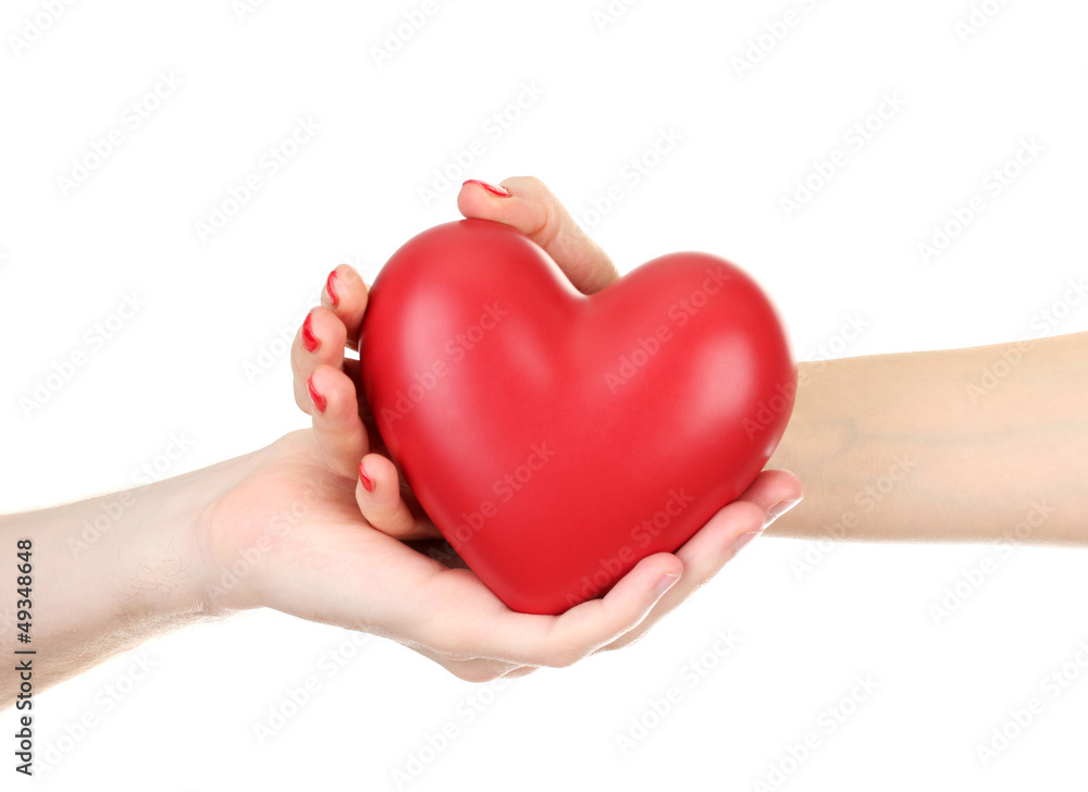 Red heart in woman and man hands, isolated on white Red heart in woman and man hands, isolated on white