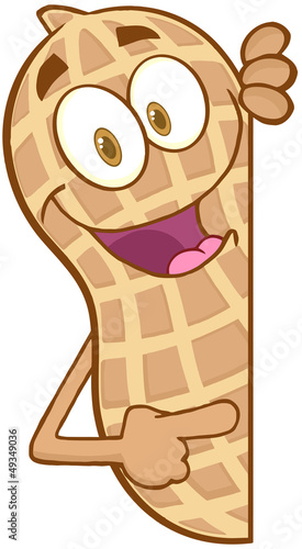 Peanut Cartoon Mascot Character Looking Around A Blank Sign