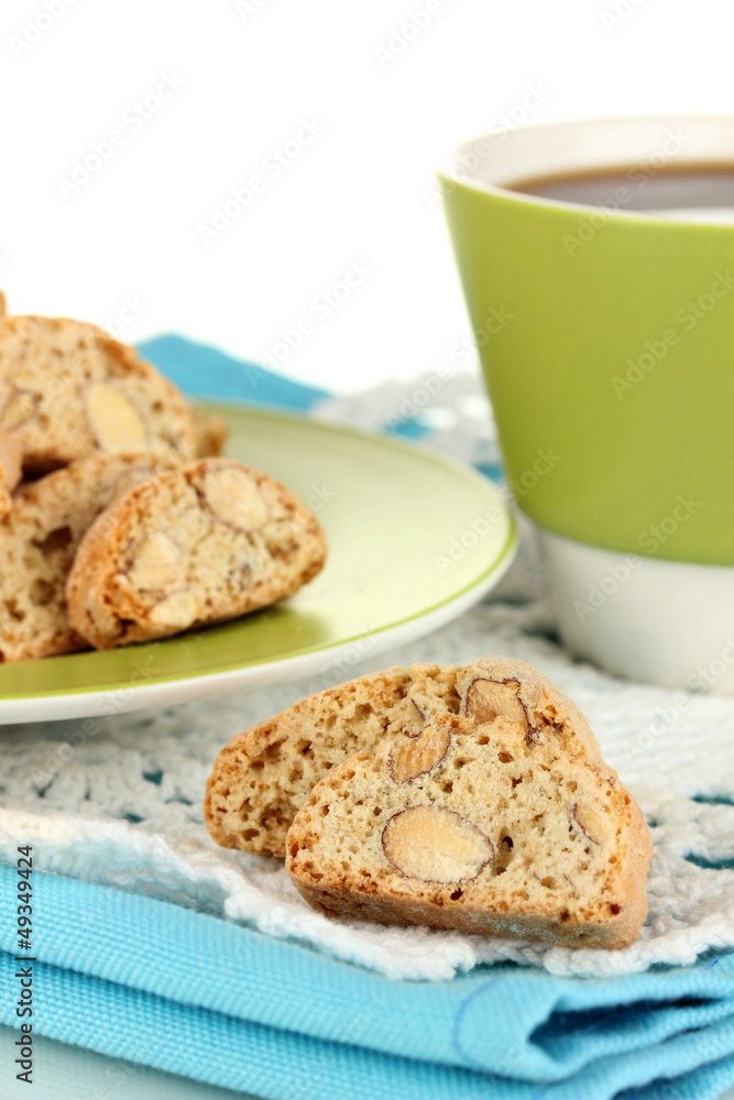Aromatic cookies cantuccini on napkin isolated on white Aromatic cookies cantuccini on napkin isolated on white