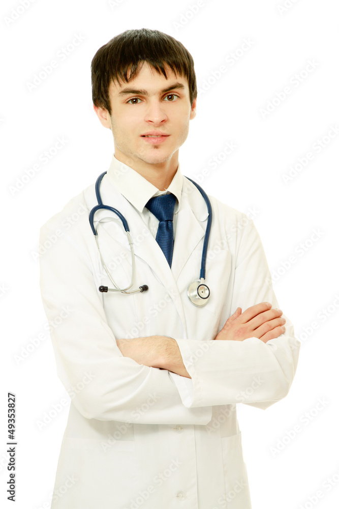 A portrait of a medical doctor posing against white background A portrait of a medical doctor posing against white background