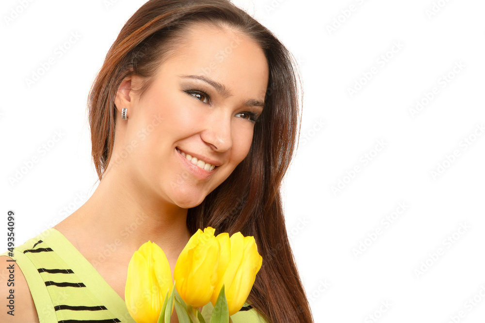 happy woman with yellow tulips over white background happy woman with yellow tulips over white background