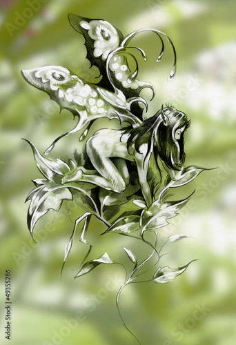 Sketch of tattoo art  fairy  fantasy illustration  flower
