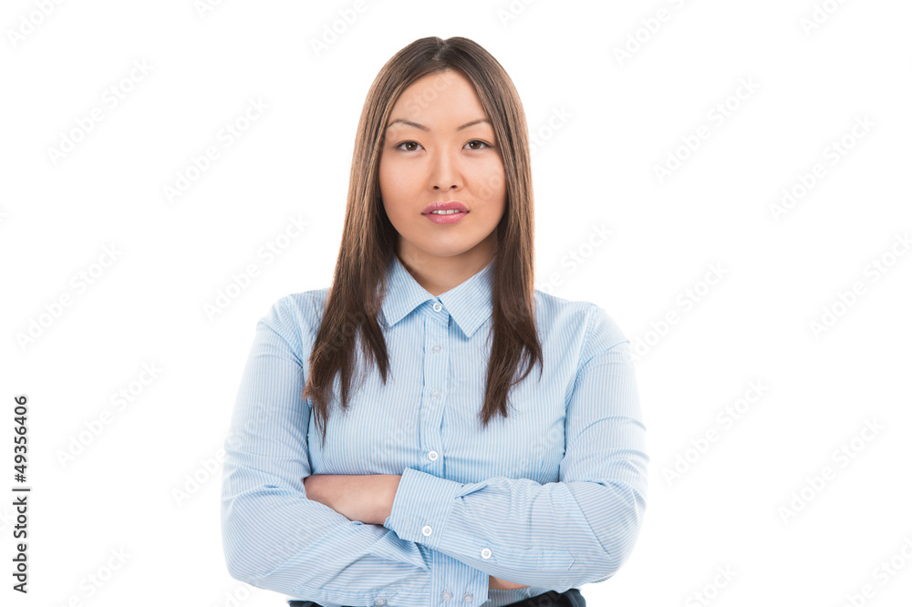 A pretty young businesswoman standing on a white background with A pretty young businesswoman standing on a white background with