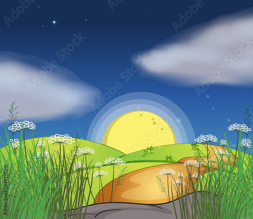 A view of the moon in the hills