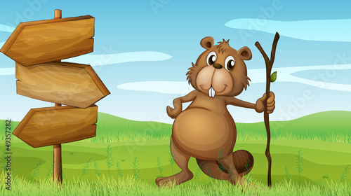 A beaver holding a wood beside a wooden signboard