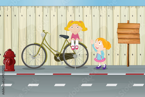 Kids, a bicycle, a fire hydrant and a notice board