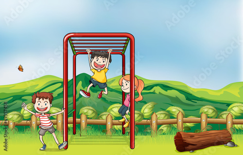 Kids playing monkey bar and a dry wood