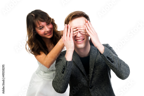 man woman closes eyes with his hands