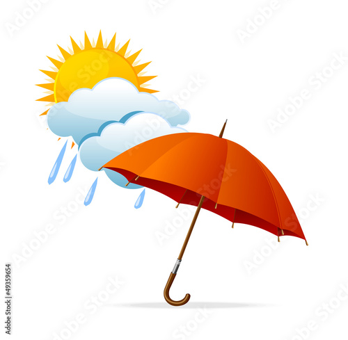 Vector rainy weather icon with clouds and umbrella and sun