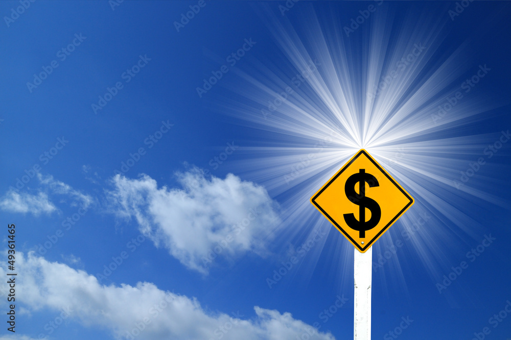 Yellow Rhombus Road Sign With Dollar Sign Inside On Blue Sky Bac Yellow Rhombus Road Sign With Dollar Sign Inside On Blue Sky Bac