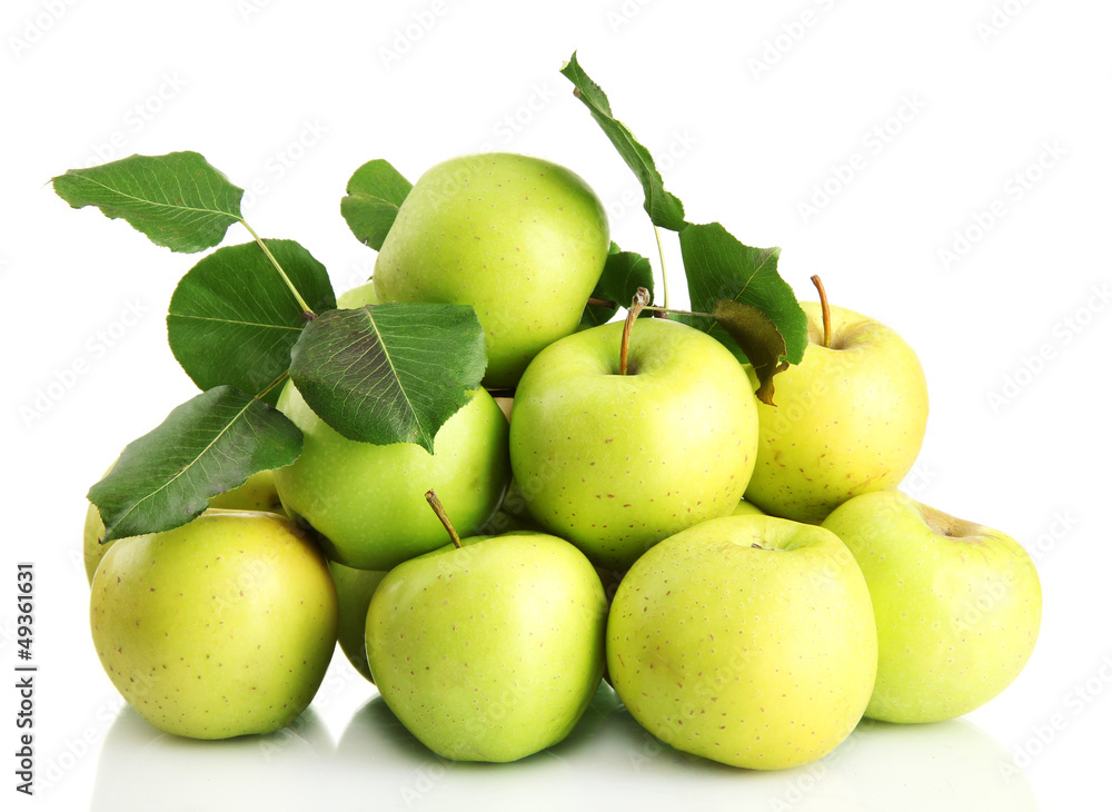 juicy apples with green leaves, isolated on white juicy apples with green leaves, isolated on white