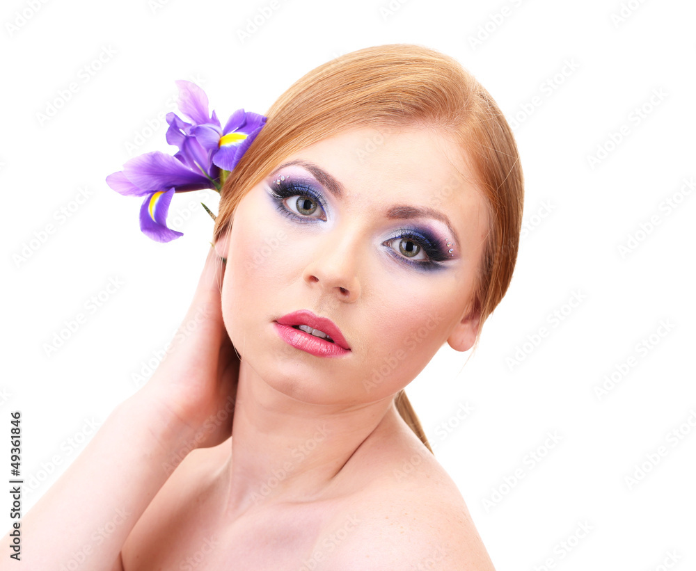 Beautiful young woman with glamour make up and flower, isolated Beautiful young woman with glamour make up and flower, isolated