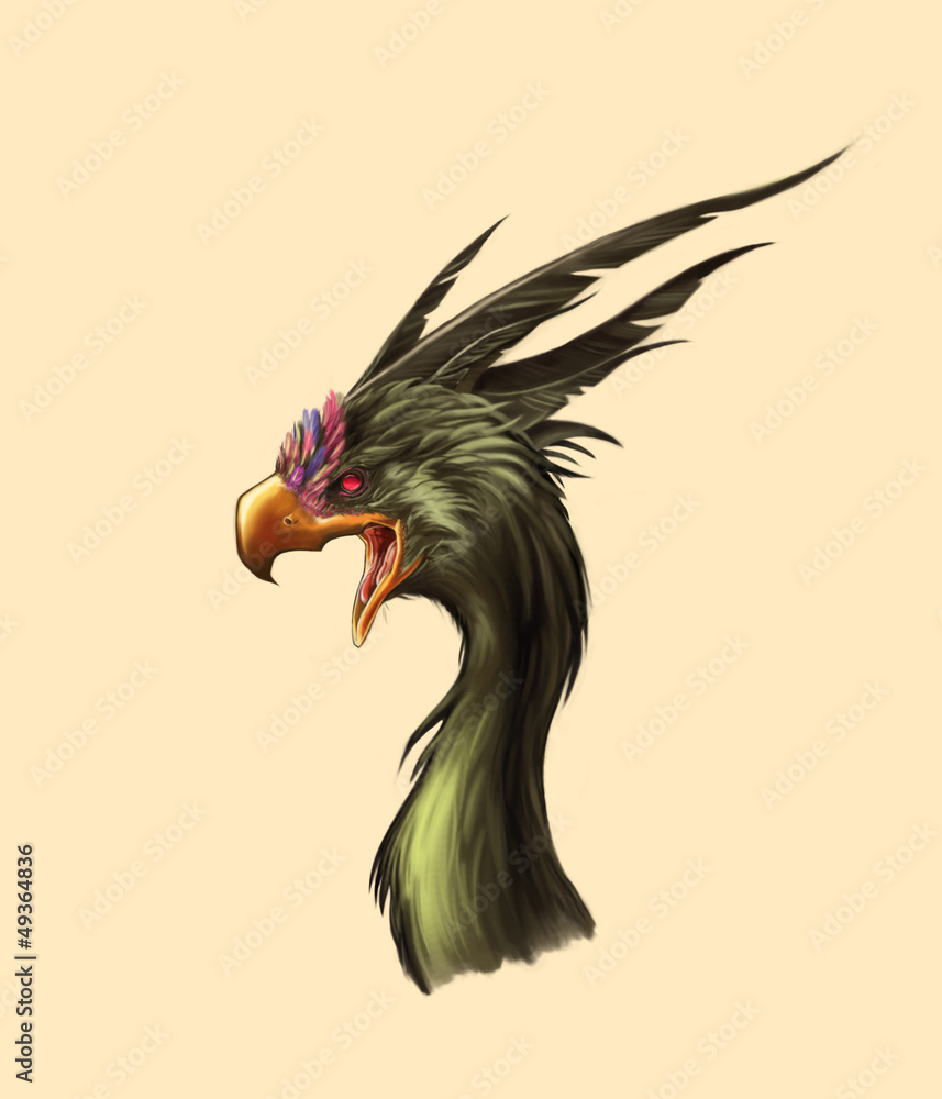 Obraz premium Diseño de perfil de fénix o ave de fantasía con plumaje verde oscuro y plumas de colores sobre fondo de color crema. Concept art, ilustración o arte digital de animal fantástico.