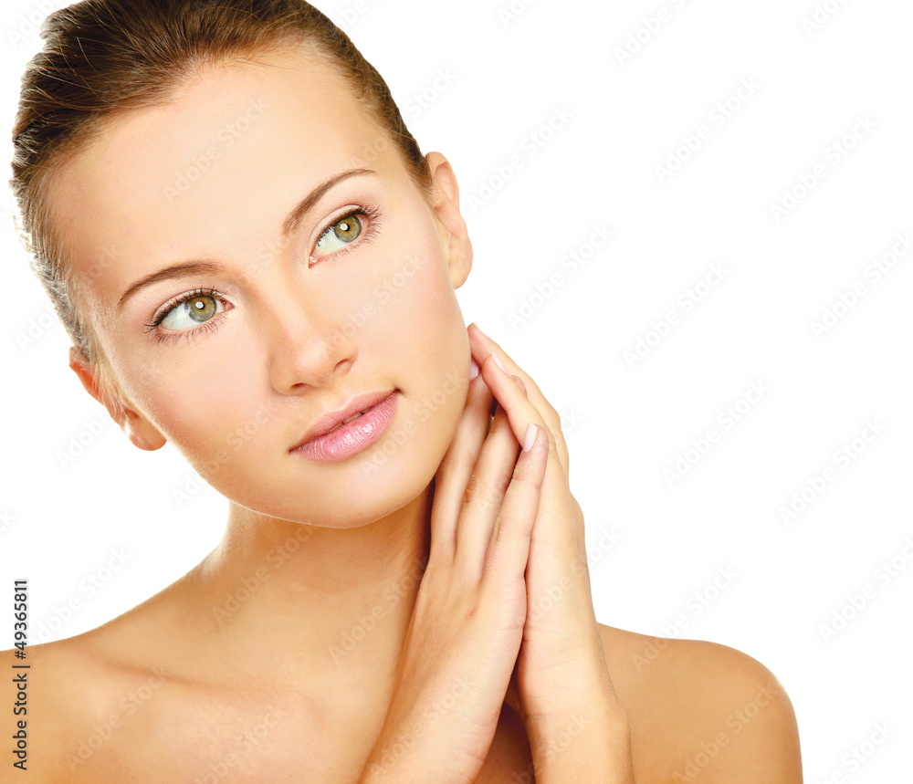 Young woman touching her neck isolated on white background Young woman touching her neck isolated on white background