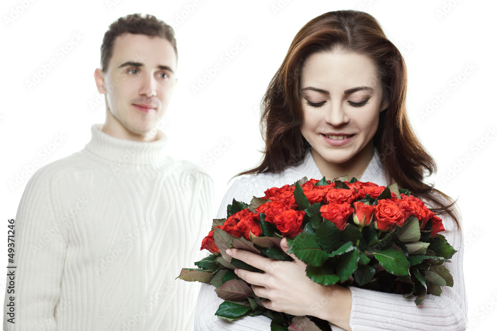 girl with present of red bouquet over white background girl with present of red bouquet over white background