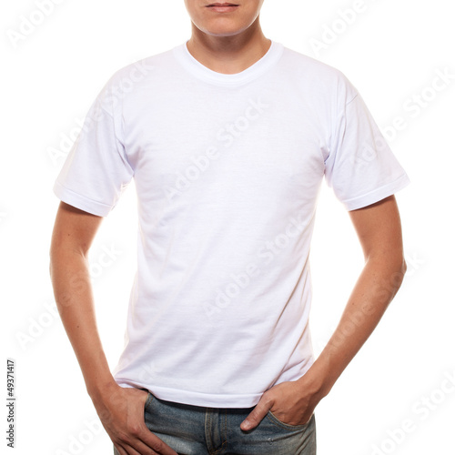 White t-shirt on a young man template isolated on white backgrou