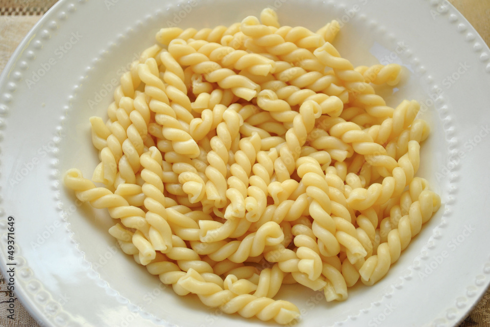 Plate of Cooked Gemelli Pasta Plate of Cooked Gemelli Pasta