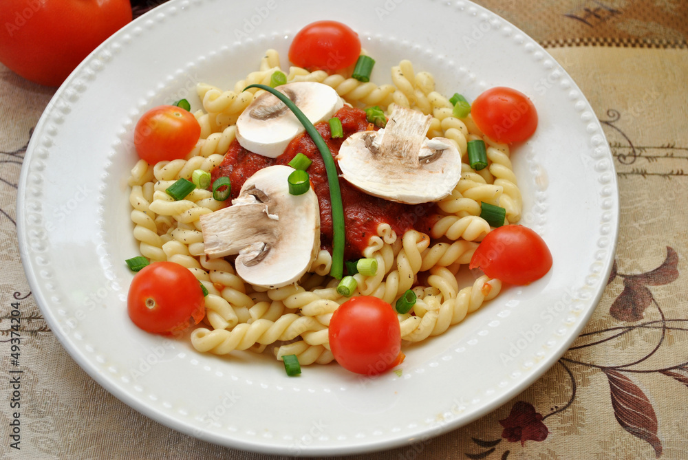 Gemelli Pasta with Mushrooms, Scallions and Tomatoes