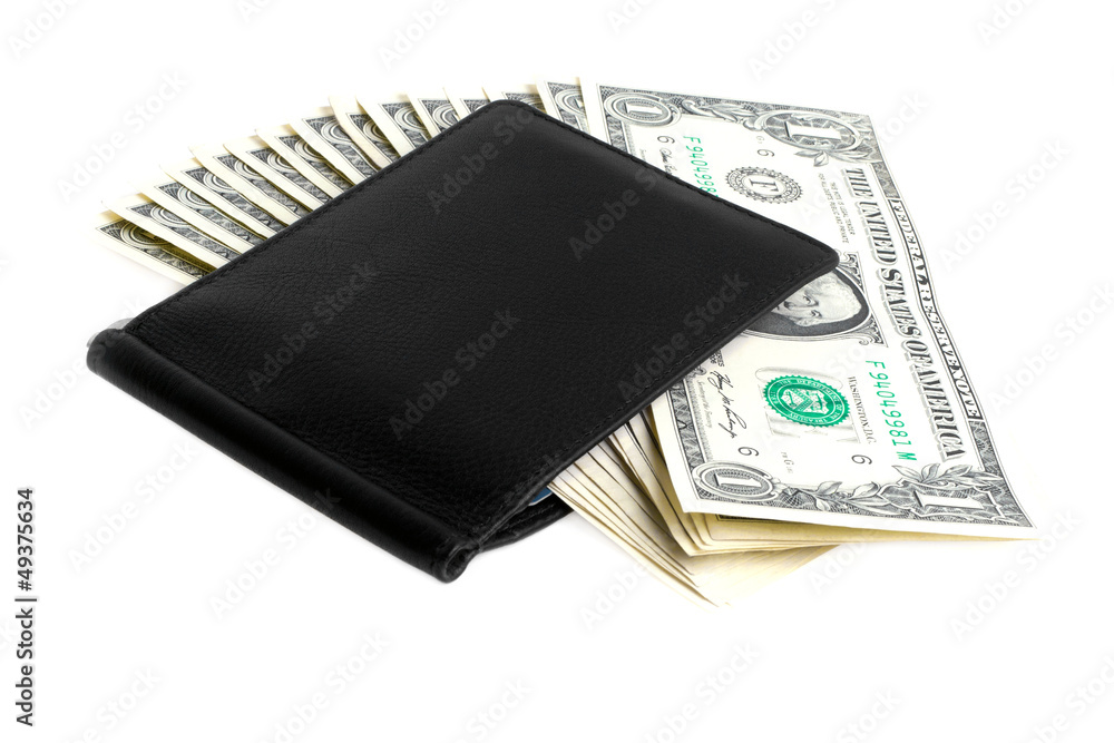 Black wallet with money on white background Black wallet with money on white background