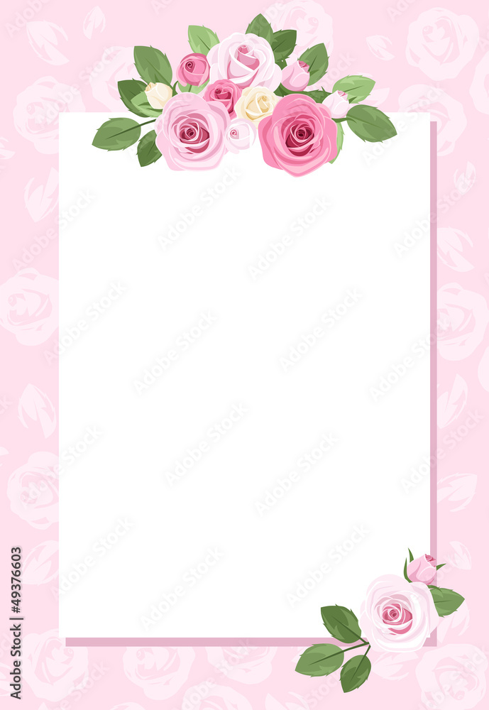 Background with paper and roses. Vector illustration.