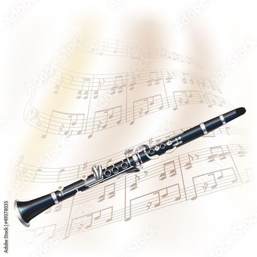 Classical clarinet on white background with musical notes