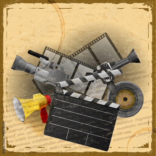 Vintage card with a set of objects for cinematography with eleme
