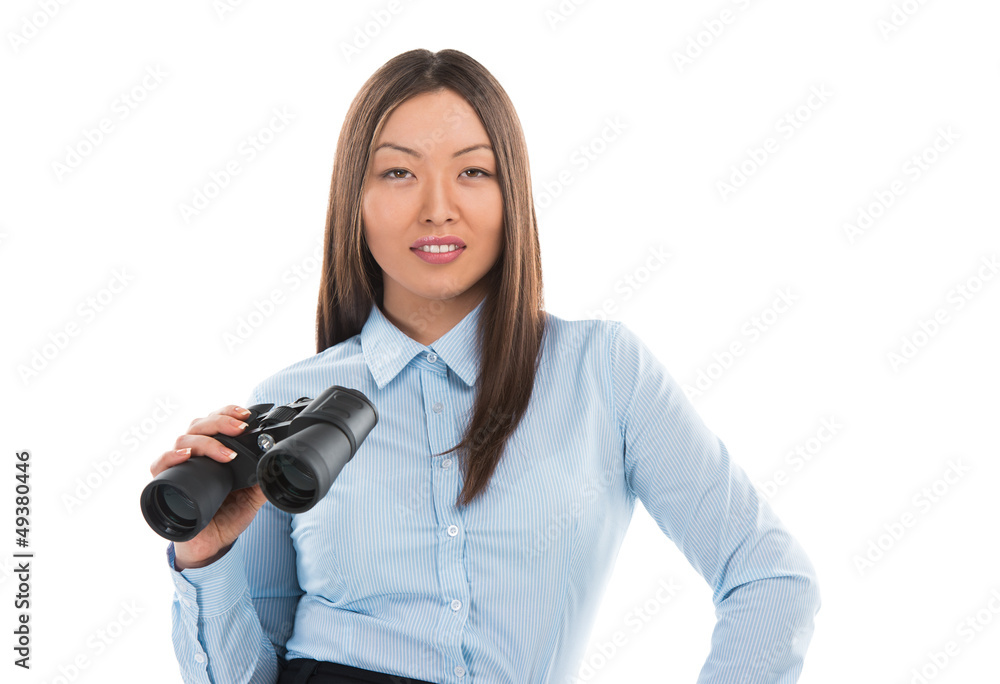 Pretty asian business woman holding binocular isolated on white Pretty asian business woman holding binocular isolated on white
