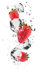 Fototapete Obst im Eis Erdbeeren mit Eiswürfeln, isoliert auf weißem Hintergrund  © Jag_cz