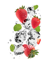 Fototapete Obst im Eis Erdbeeren mit Eiswürfeln, isoliert auf weißem Hintergrund  © Jag_cz