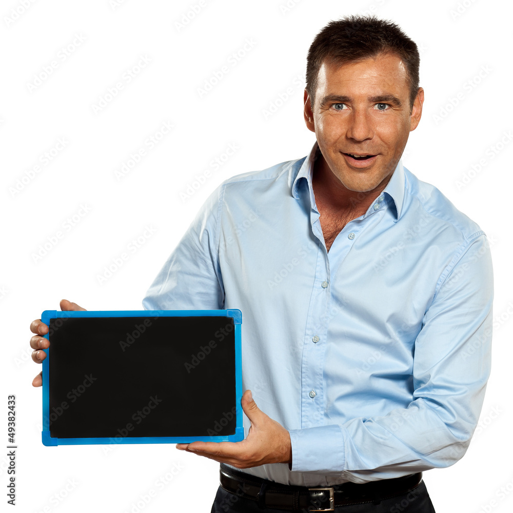 one man holding a blackboard copy space message one man holding a blackboard copy space message