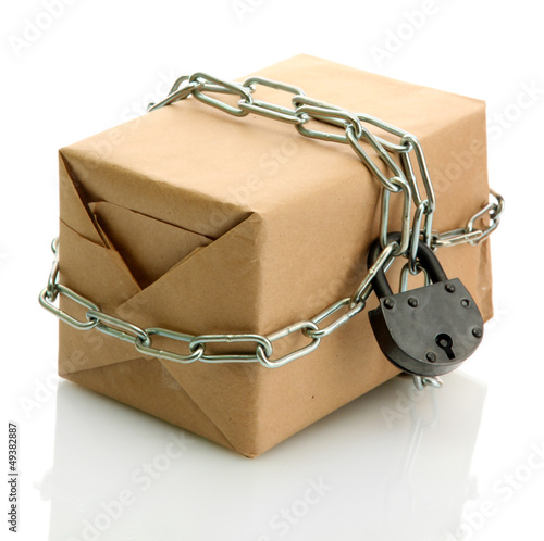 Canvas-taulu parcel with chain and padlock, isolated on white