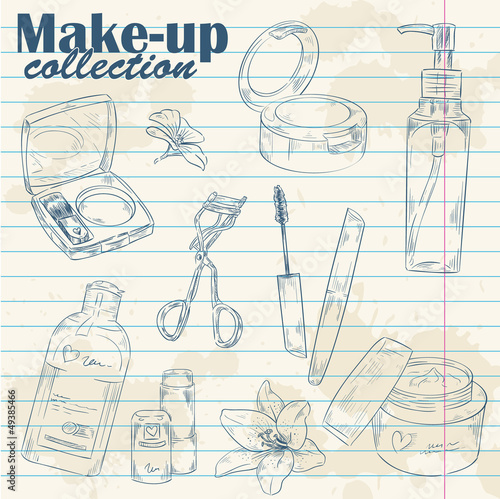 Set of make-up object lineart on notebook paper background