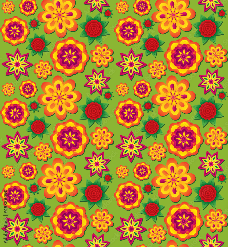 Seamless colorful texture with volumetric flowers