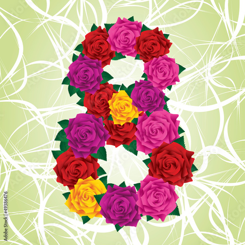 Colorful eight of roses on a green background