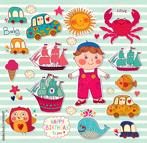 Vector set of cartoon stickers: boy and toys