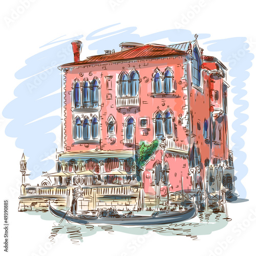 Venice - Grand Canal. Ancient building & gondola