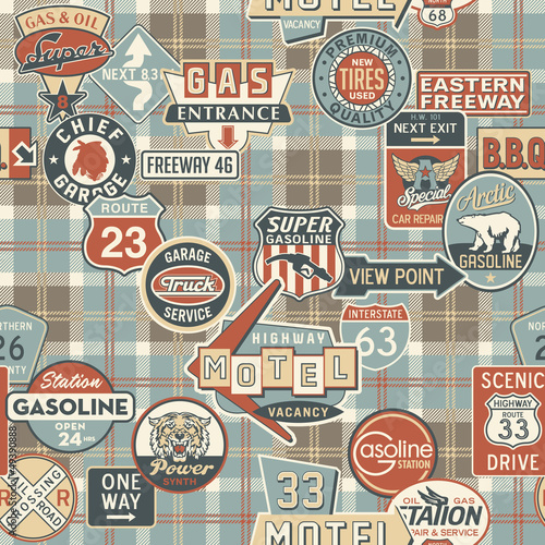 Road signs with tartan background - seamless pattern