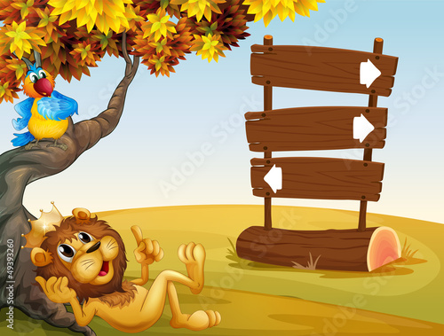 A lion, a bird and a notice board