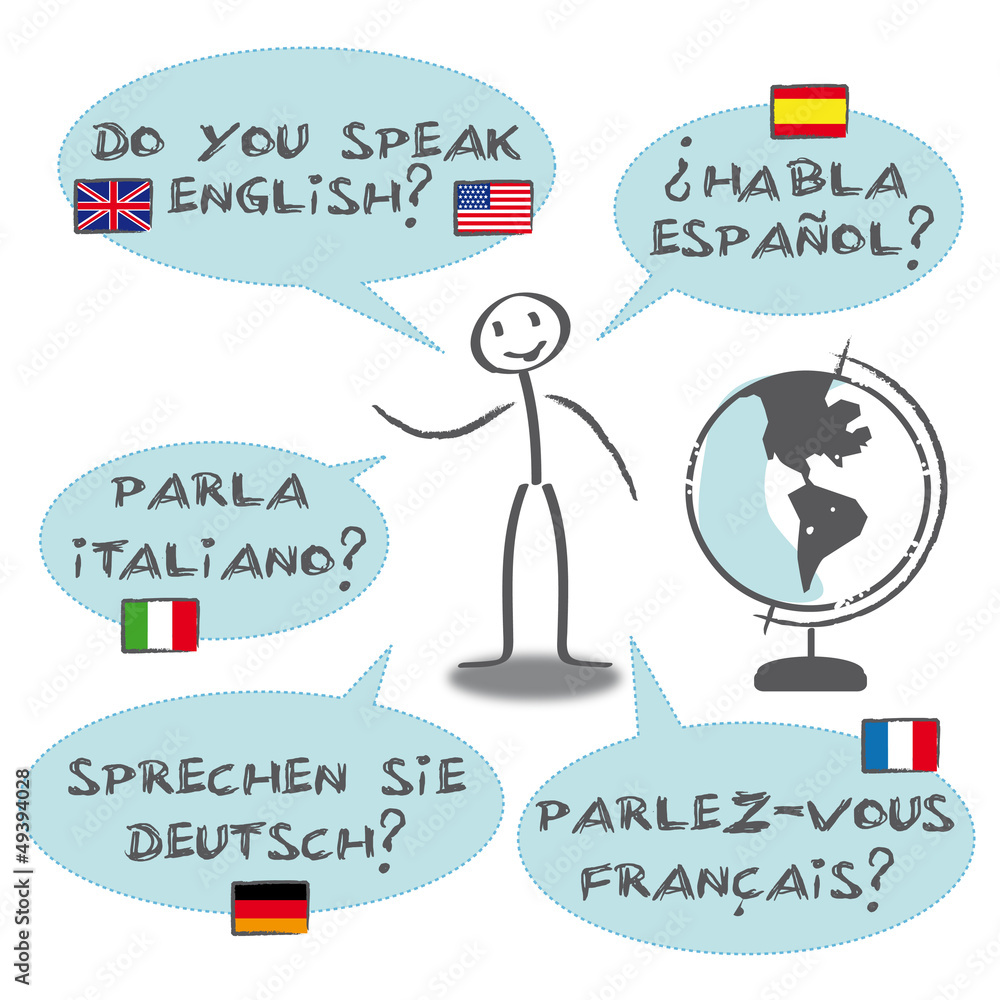 Fremdsprachen Sprechblasen, französisch, englisch, sprachen Stock