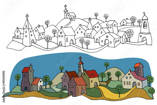 Hand drawn houses or rural landscape, color version