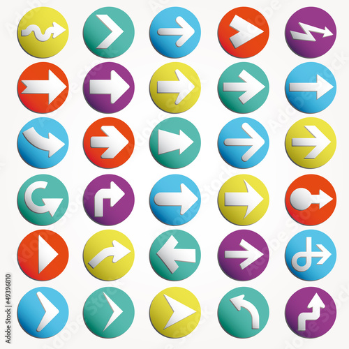 Arrow sign icon set. Simple circle shape internet button on gray