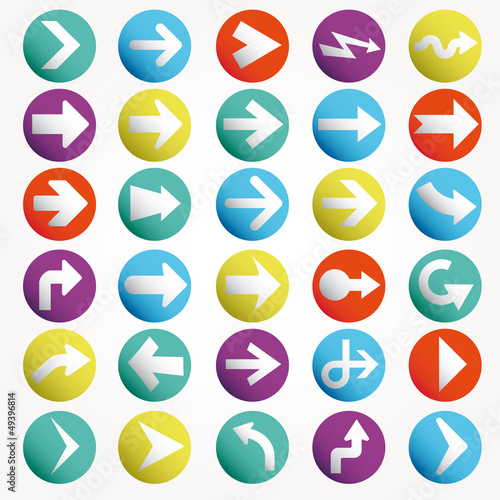 Arrow sign icon set. Simple circle shape internet button on gray