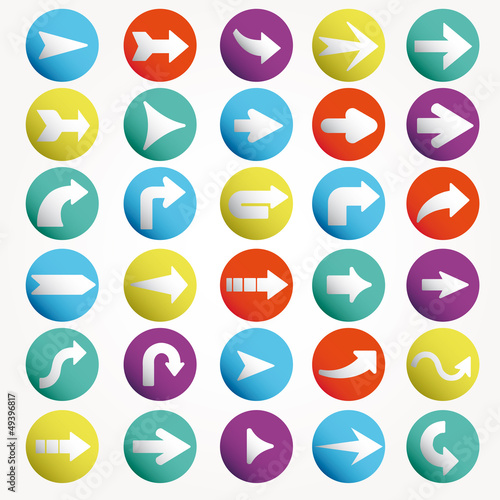 Arrow sign icon set. Simple circle shape internet button on gray