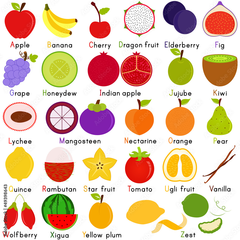 Vector Icons of Fruit with Alphabet A to Z เวกเตอร์สต็อก | Adobe Stock