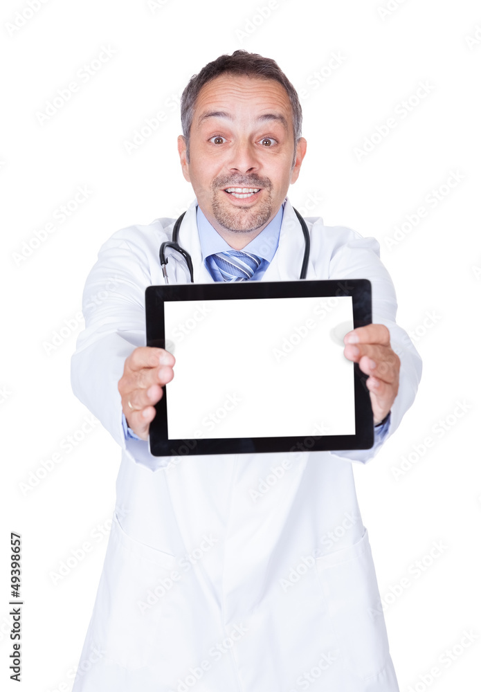 Happy Doctor Holding Blank Digital Tablet Happy Doctor Holding Blank Digital Tablet